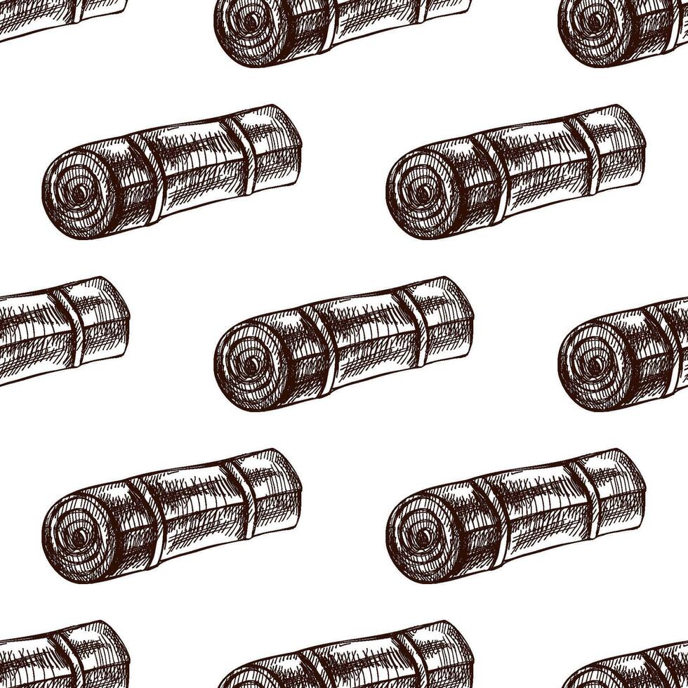 Hand-drawn seamless pattern of camping mat sketch in monochrome brown lines, sleeping pad design vector