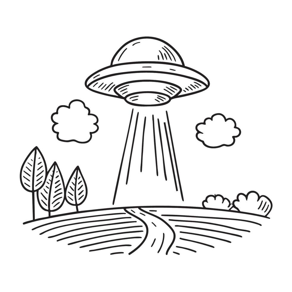 A UFO beaming light across a peaceful open field vector