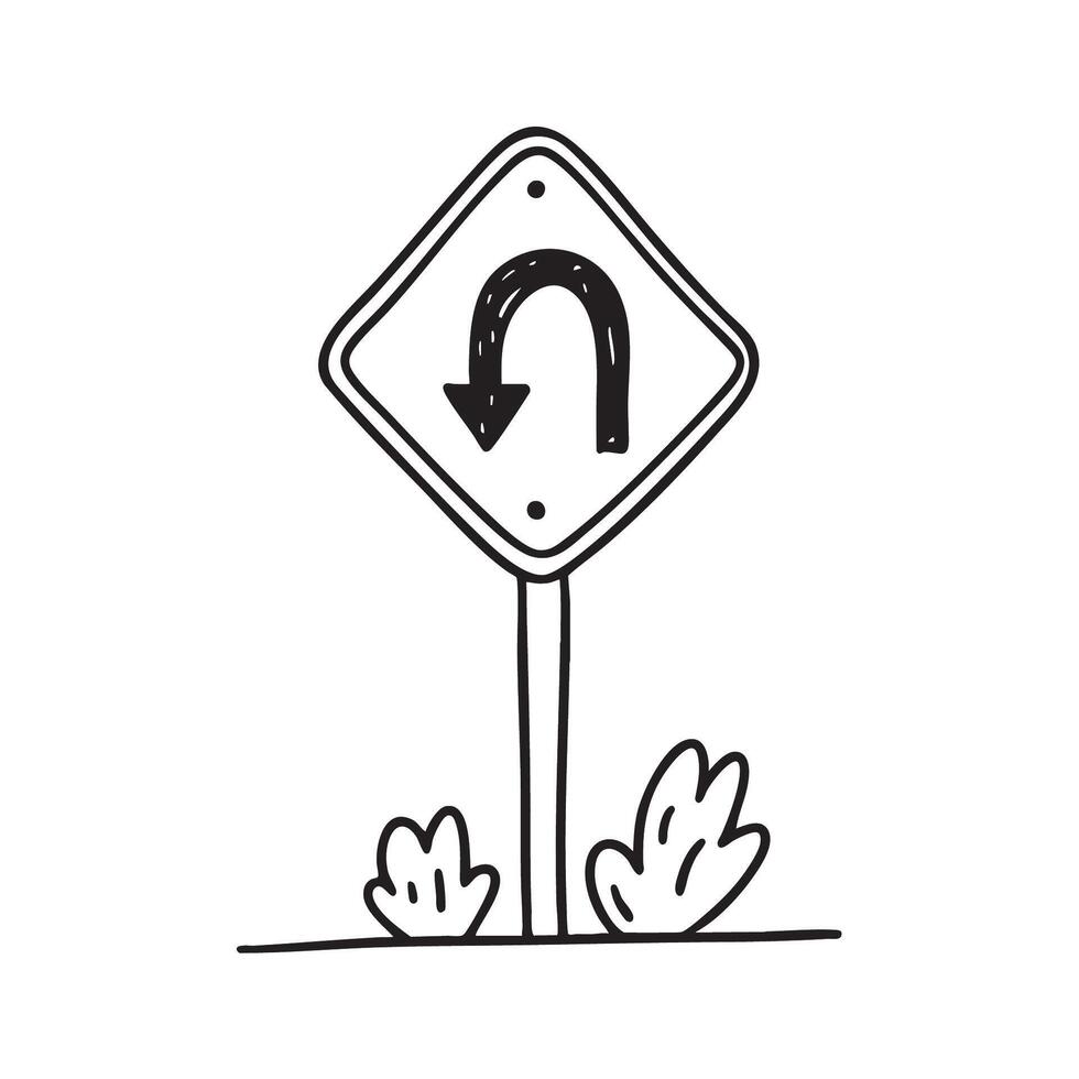 A U turn traffic sign placed near a tiny roadside bush vector