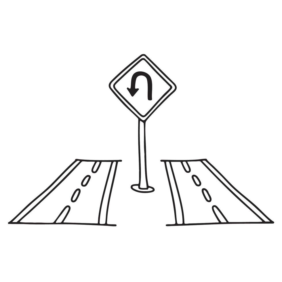 A U turn sign placed at the median in the middle two roads vector