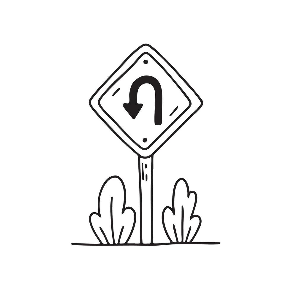 A U turn road sign standing next to a small green bush vector
