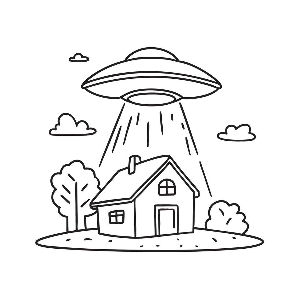 A UFO flying low close to a farmhouse rooftop vector