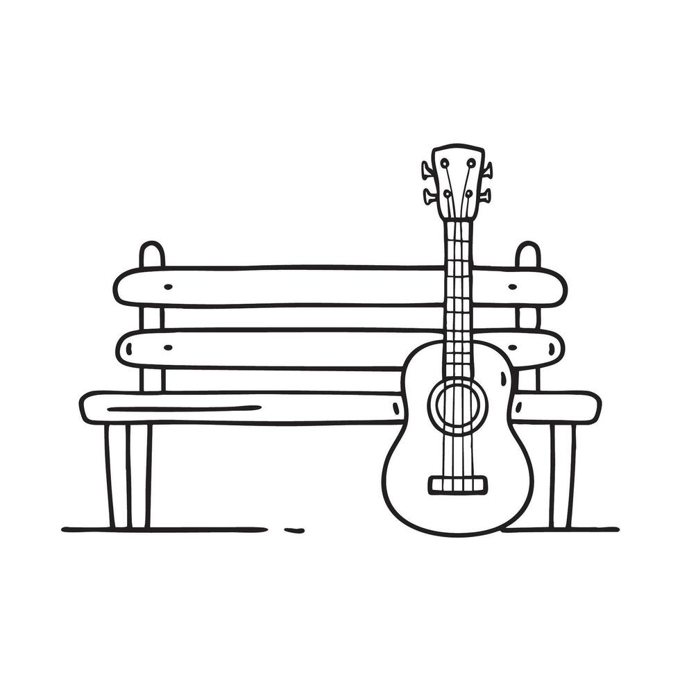 A ukulele resting against a wooden bench on the porch vector