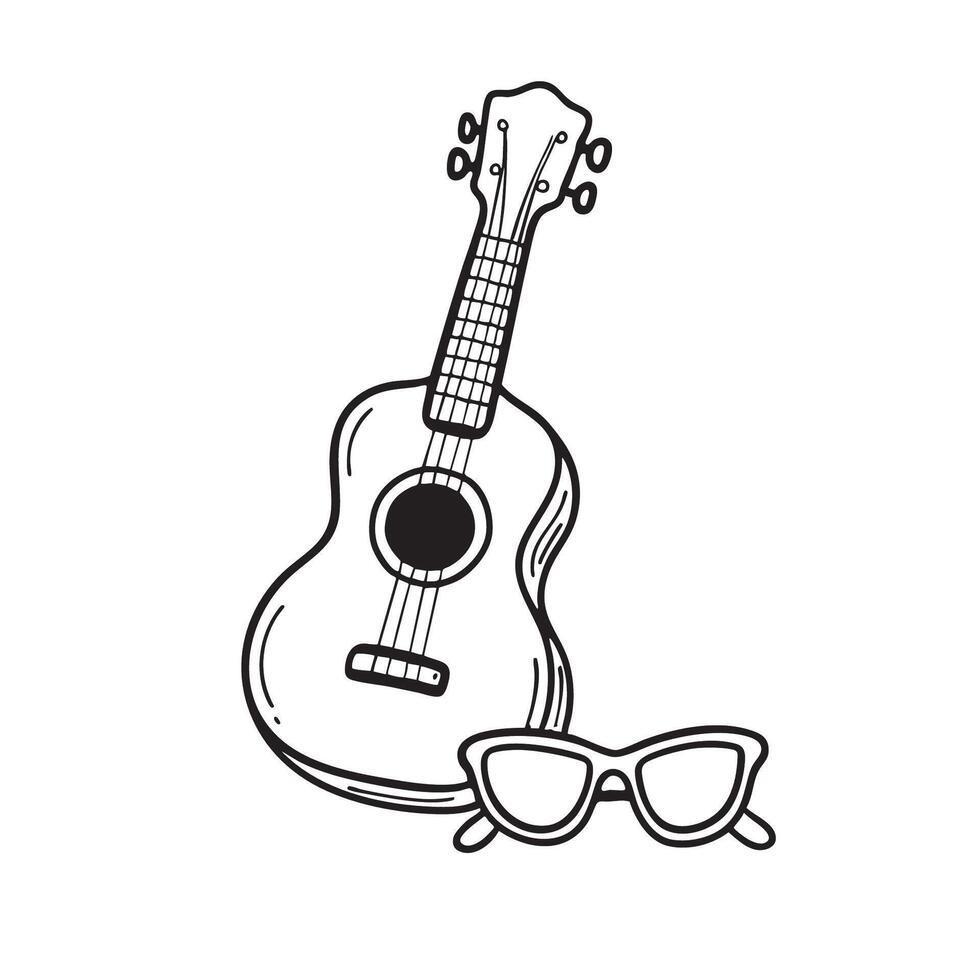 A ukulele set next to neatly folded sunglasses vector