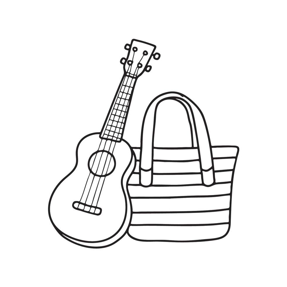 A ukulele resting next to a striped beach bag vector