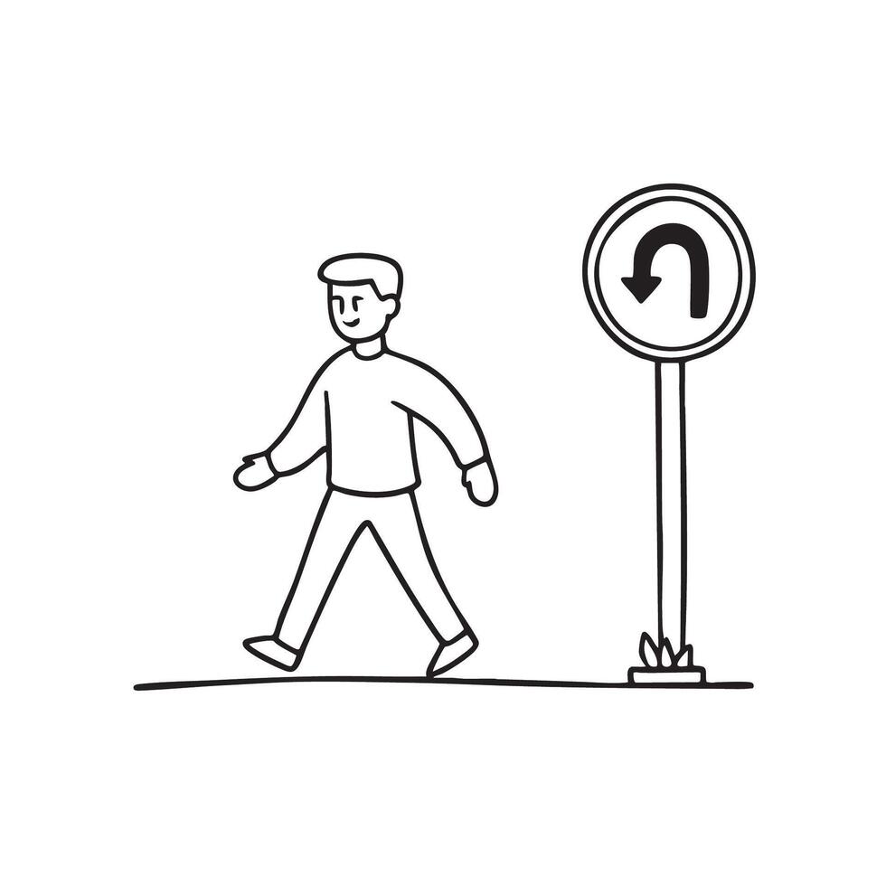 A passerby walking near a U turn traffic sign vector