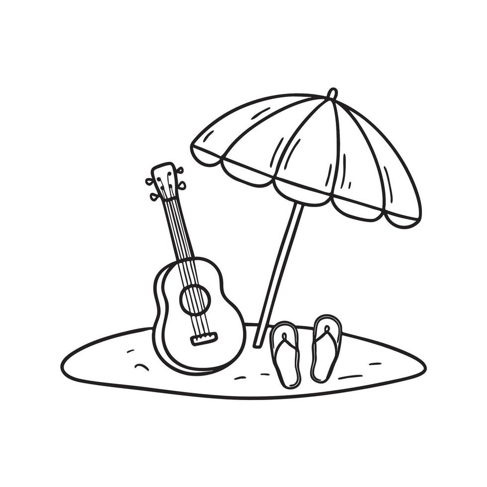 A ukulele beside flip flops on the sand under a beach umbrella vector