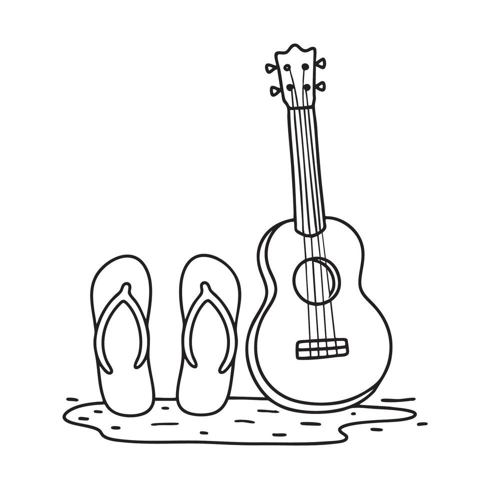 A ukulele lying on the sand next to beach flip flops vector