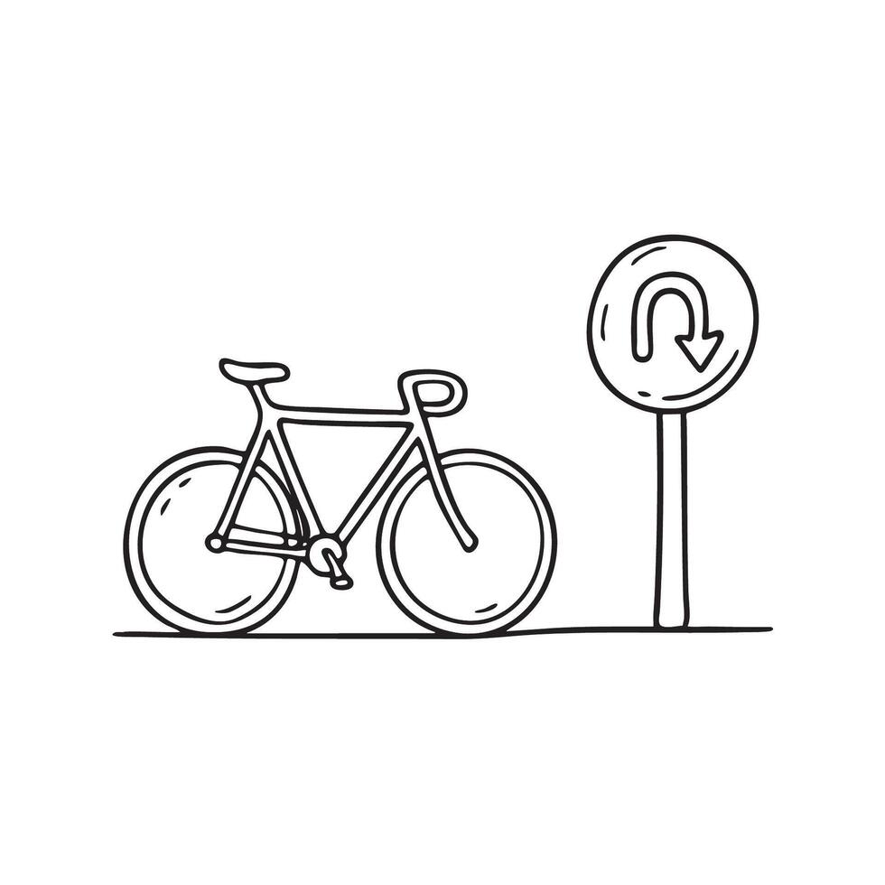 A bicycle nearing a U turn arrow painted on the road vector