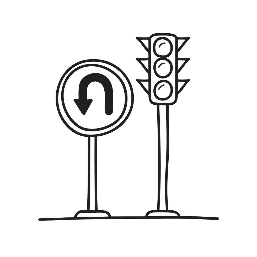 A U turn sign standing beside a traffic light pole vector