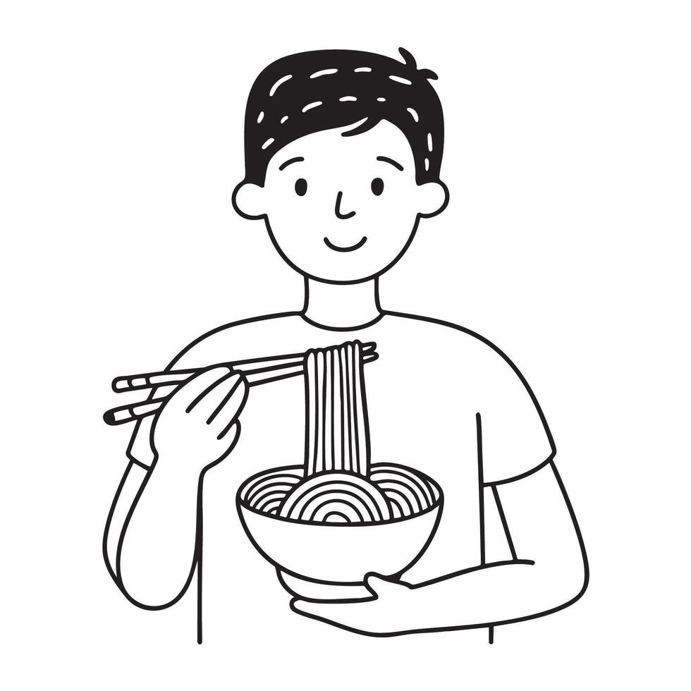 A bowl of udon served before a person grasping chopsticks vector