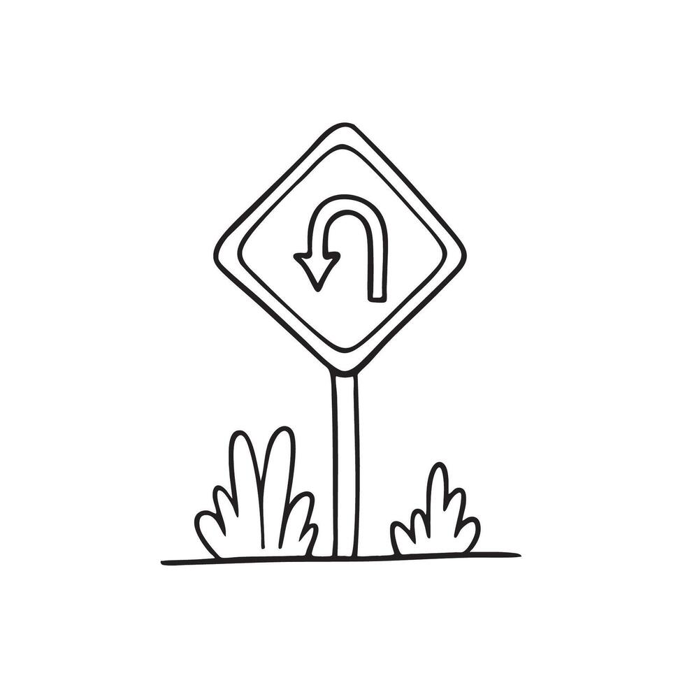 A road sign showing U turn beside a small leafy bush vector