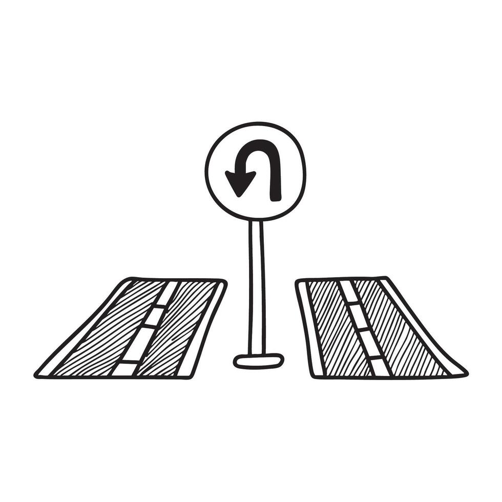 A U turn sign posted at a median dividing two roads vector