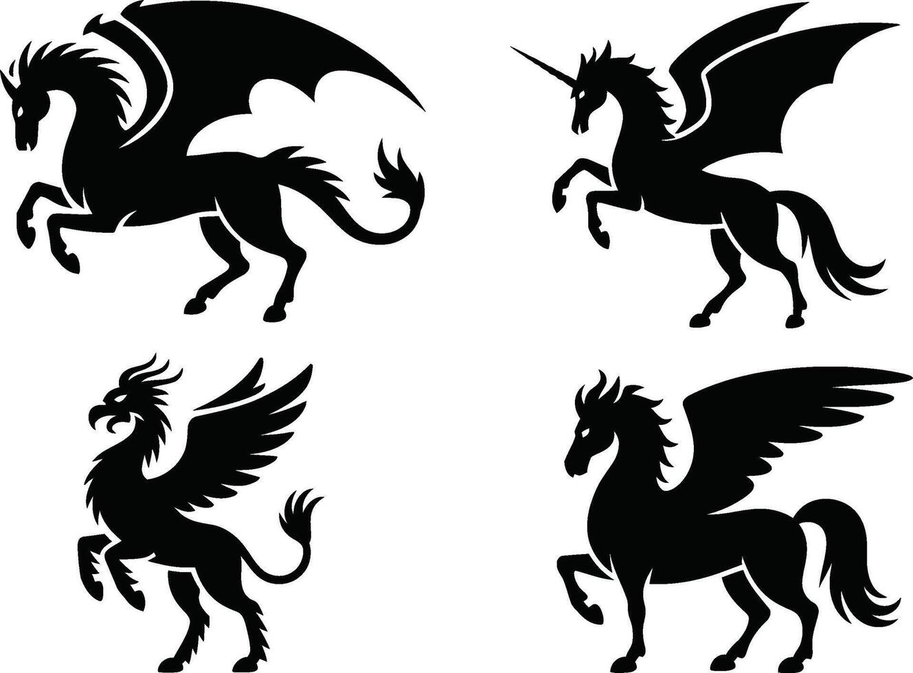 Mythological creatures silhouette set dragon unicorn pegasus griffin symbols illustration vector
