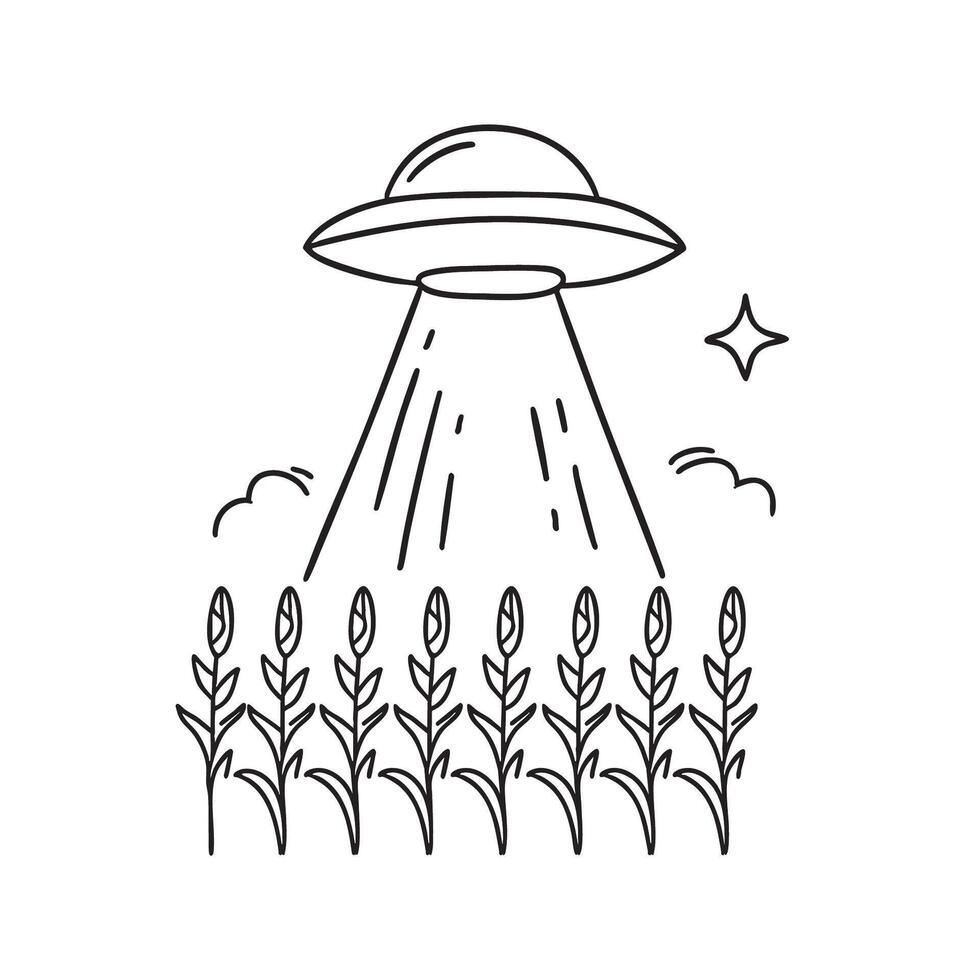 A UFO hovering behind tall cornstalks in a field vector
