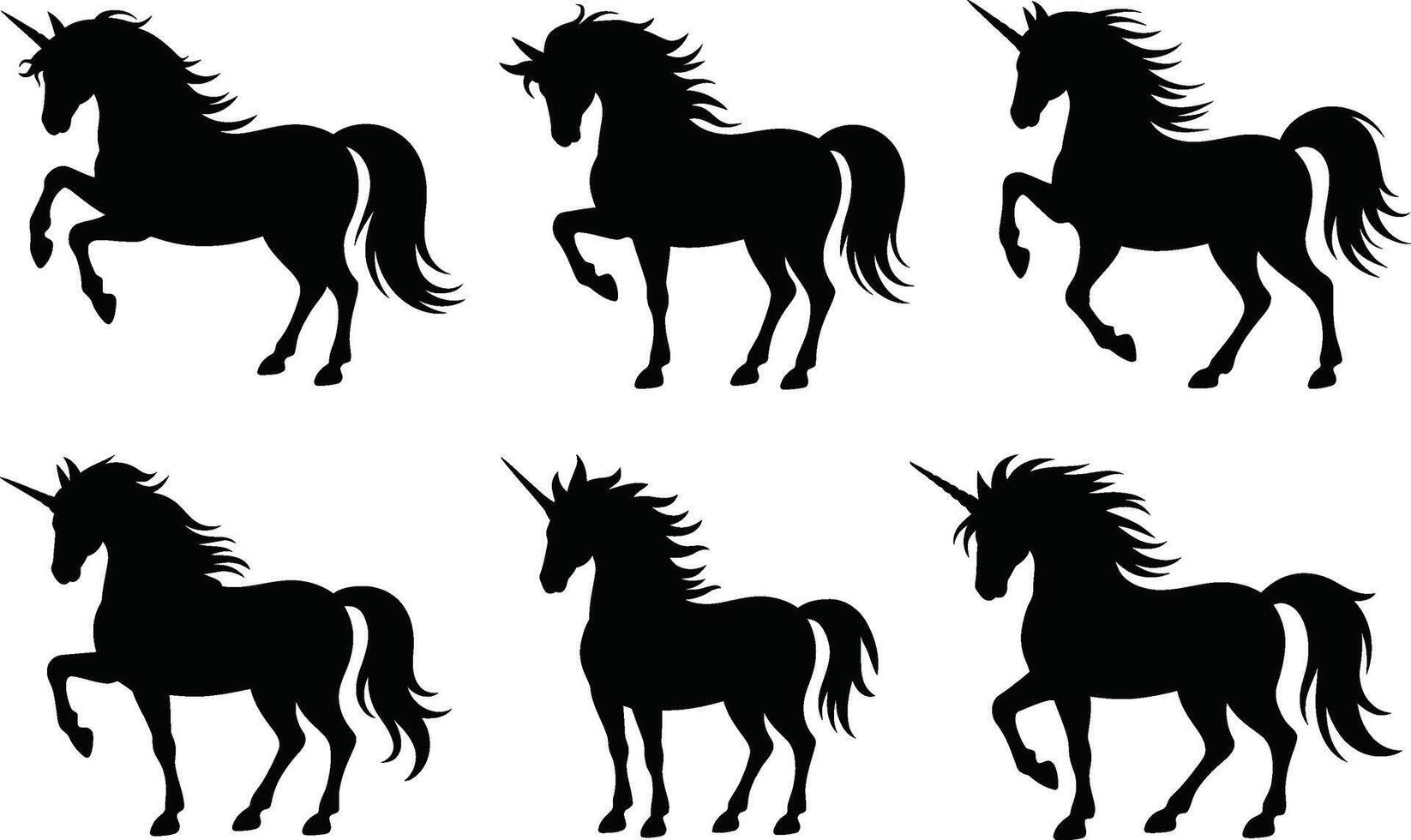 Unicorn silhouettes collection majestic horses in various poses black and white illustration vector