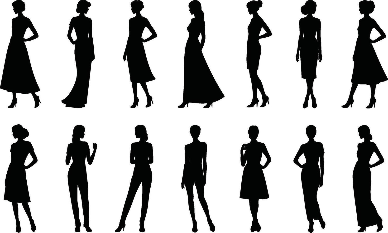 Elegant women silhouettes in various dresses and poses for fashion design projects vector