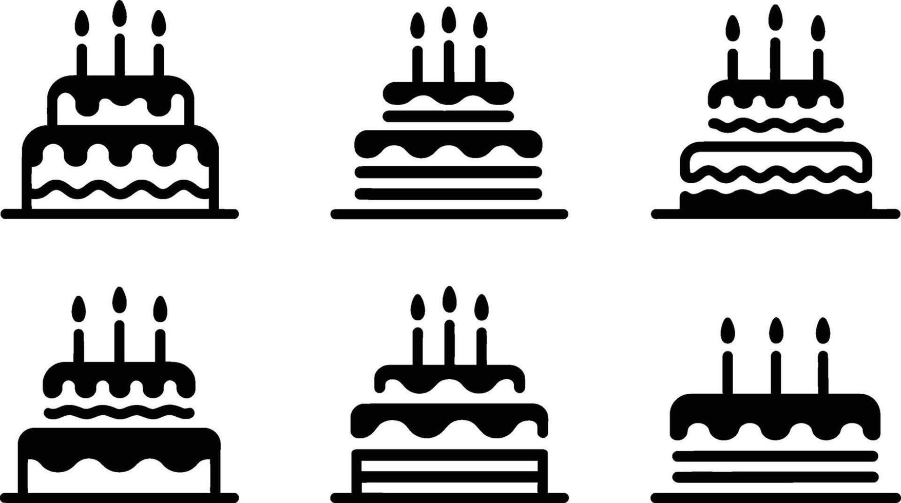 Black silhouette birthday cake icons with three candles vector
