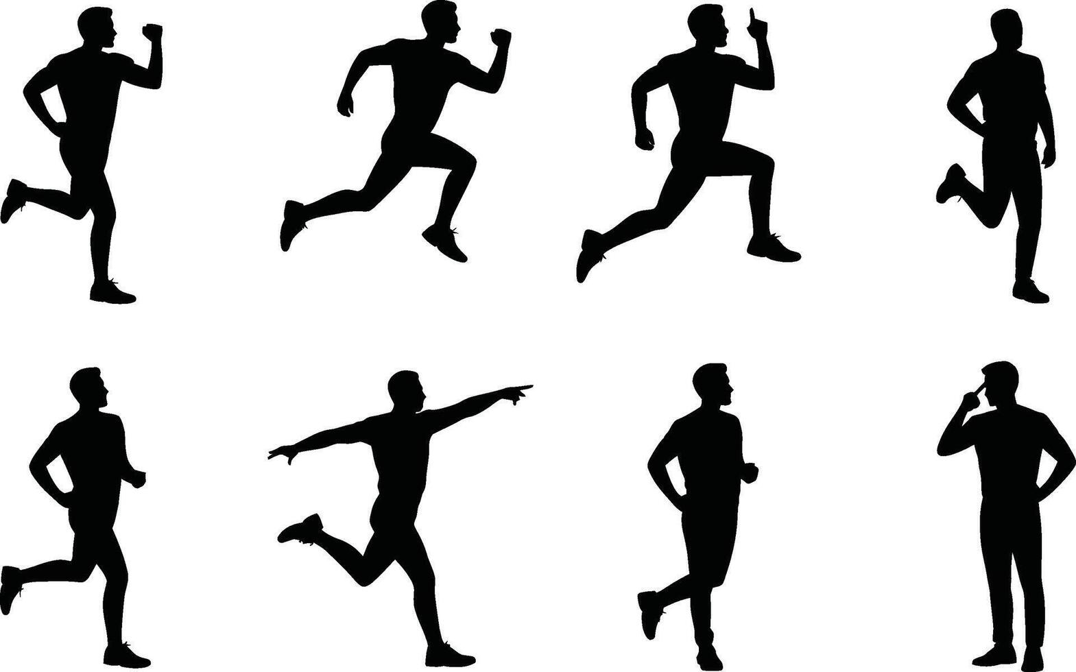 Silhouette art featuring running and jogging men poses in various actions vector