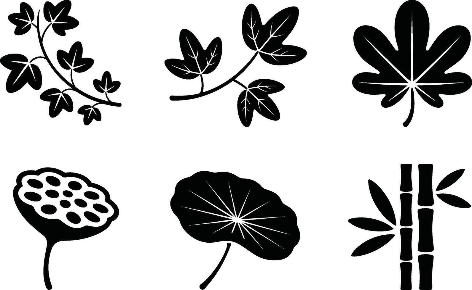 Set of black and white asian plants bamboo lotus and leaves illustration vector