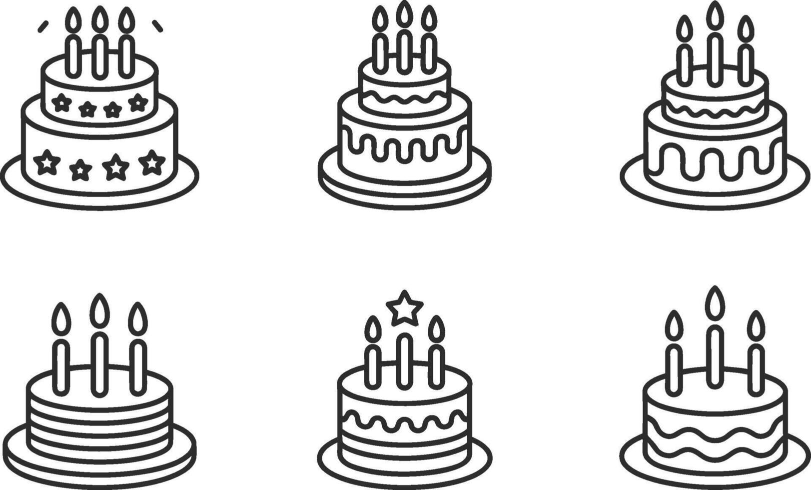 Collection of birthday cakes with candles in simple line art style vector