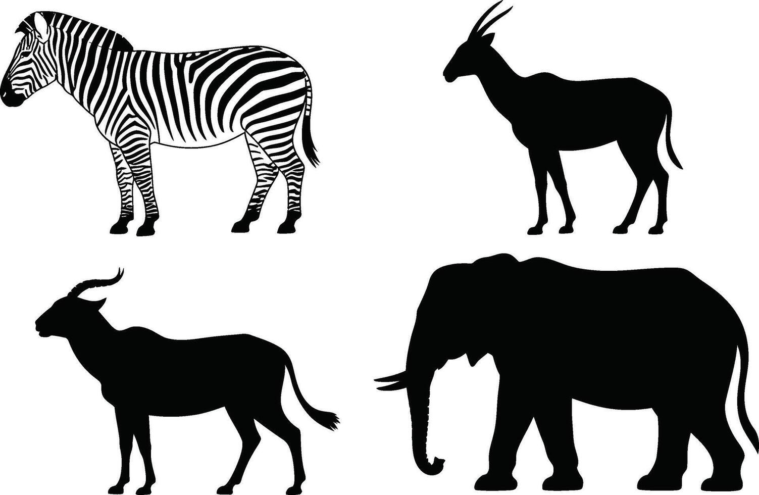 African wildlife silhouettes zebra antelopes elephant isolated on white background vector