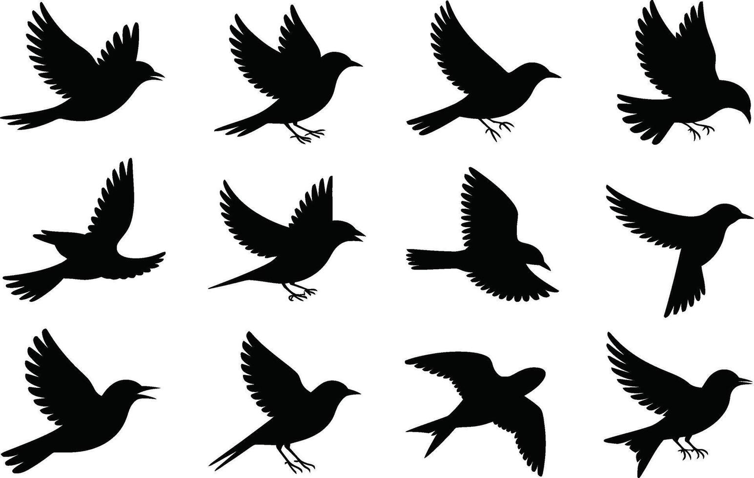 Set of twelve flying birds silhouette icons isolated on white background illustration vector