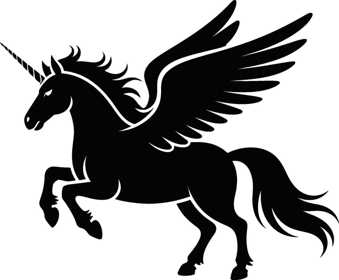 Majestic black unicorn pegasus silhouette mythical creature elegant design illustration vector