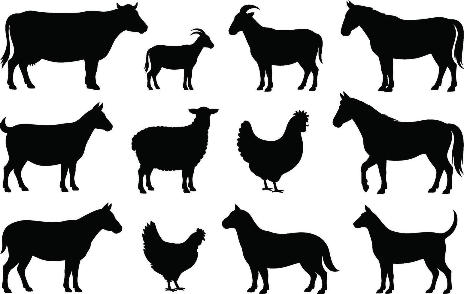 Farm animals silhouette set cow goat horse sheep chicken illustration vector