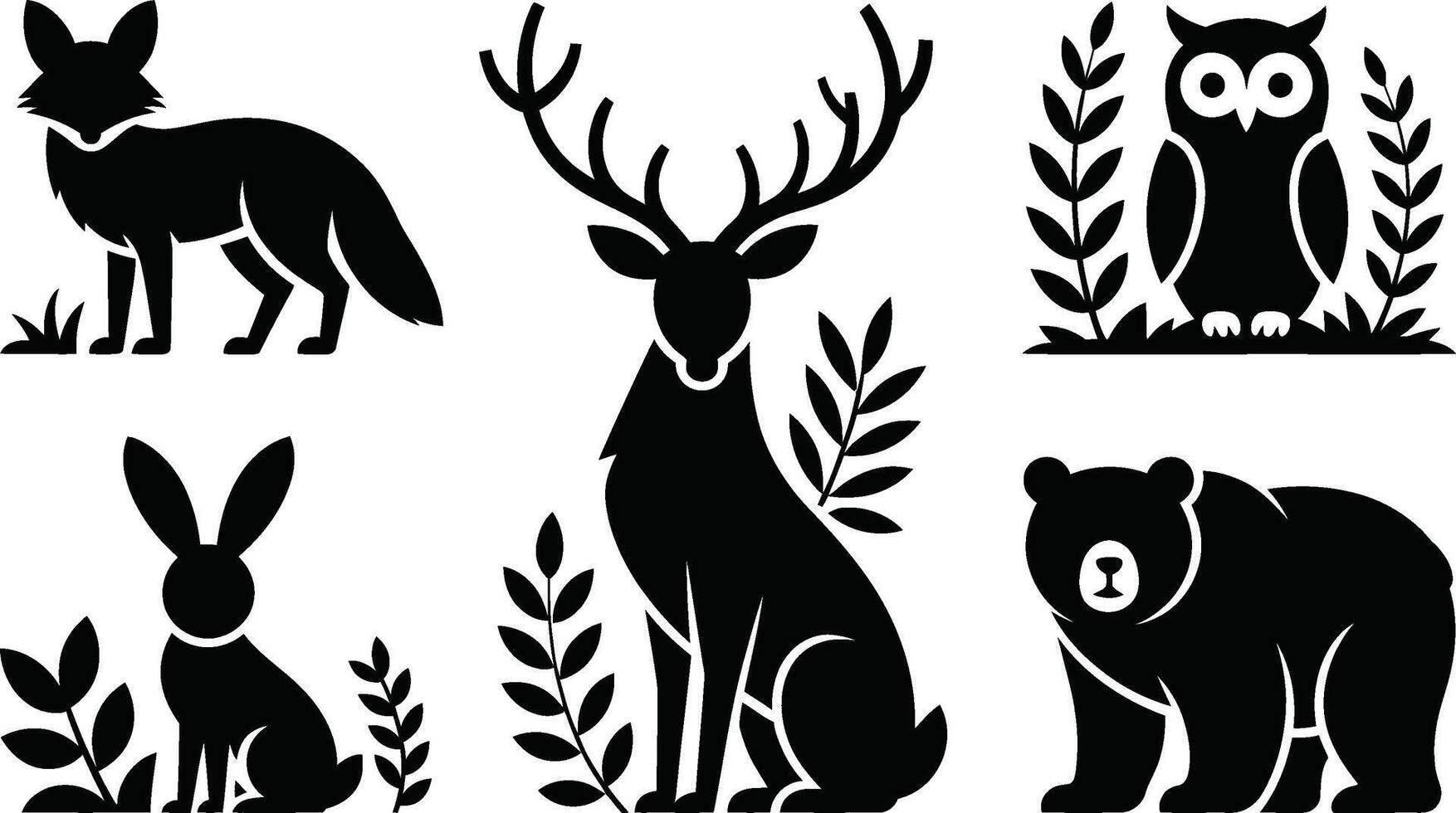 Woodland creatures silhouette illustration featuring fox deer owl rabbit and bear vector