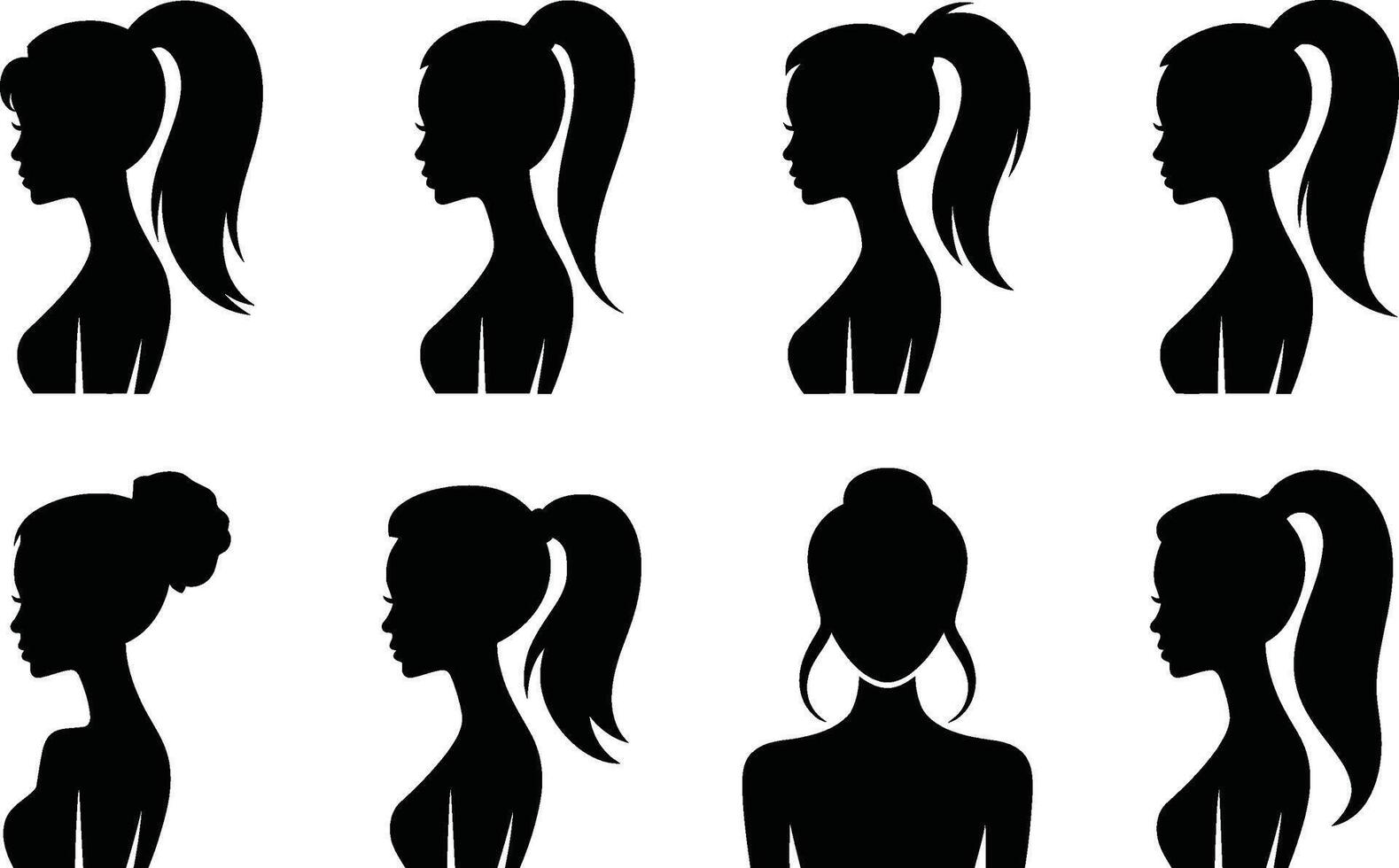 Elegant woman silhouette collection with various ponytail hairstyles in black and white vector