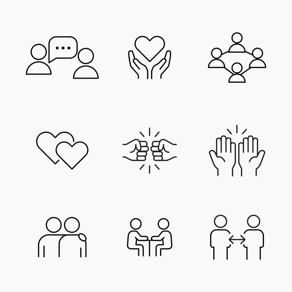 Set of simple outline style icons representing friendship, loyalty, trust and emotional connection, Perfect for web, apps and social design themes vector