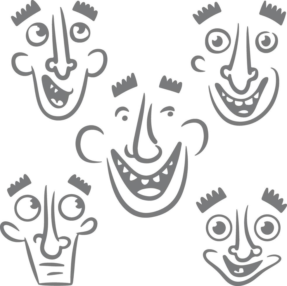 Five Gray Cartoon Faces with Varying Expressions Silhouette Style Simple Line Art Drawings Set vector