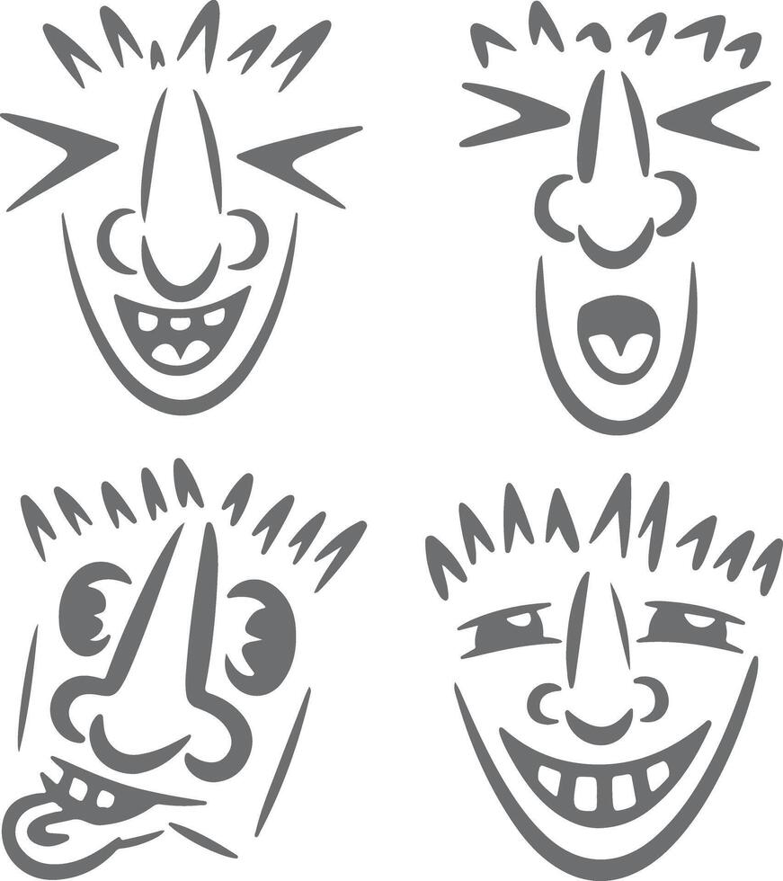 Four Gray Silhouette Cartoon Faces Displaying Diverse Expressions Joyful Laughter Playful Grin and Mischievous Smirk Hand Drawn Style Quirky vector