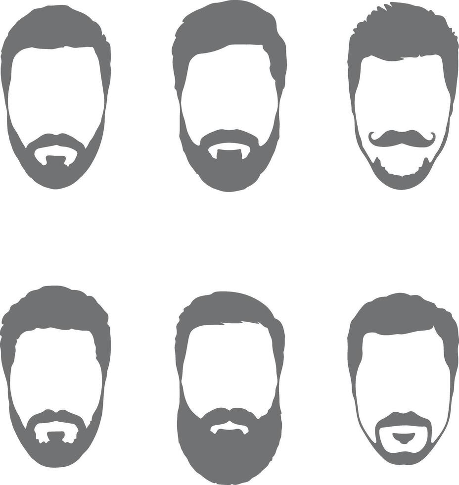 Six Gray Silhouettes of Mens Faces Displaying Various Hairstyles and Beard Styles Including Goatees Mustaches and Full Beards vector