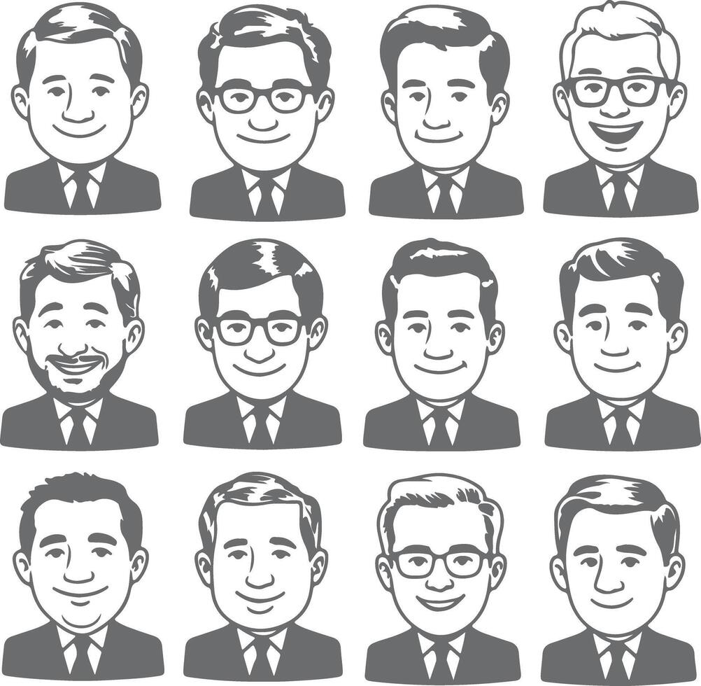 Twelve Gray Scale Silhouettes of Men in Suits Some Wearing Glasses Smiling and Serious Expressions vector