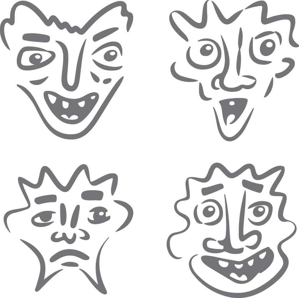 Four Grey Silhouette Cartoon Faces Diverse Expressions Hand Drawn Style Quirky Characters Set vector
