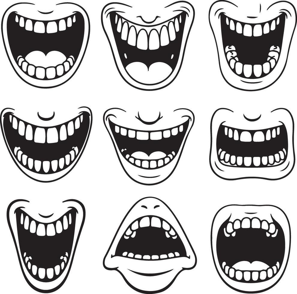 Nine monochrome illustrations of wide open mouths showing teeth and gums various expressions silhouette style vector
