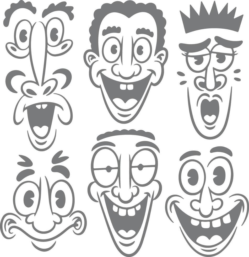 Collection of Six Gray Cartoon Faces Showing Various Expressions Silly Funny Grotesque Exaggerated Features Wide Open Mouths Big Eyes Silhouette vector