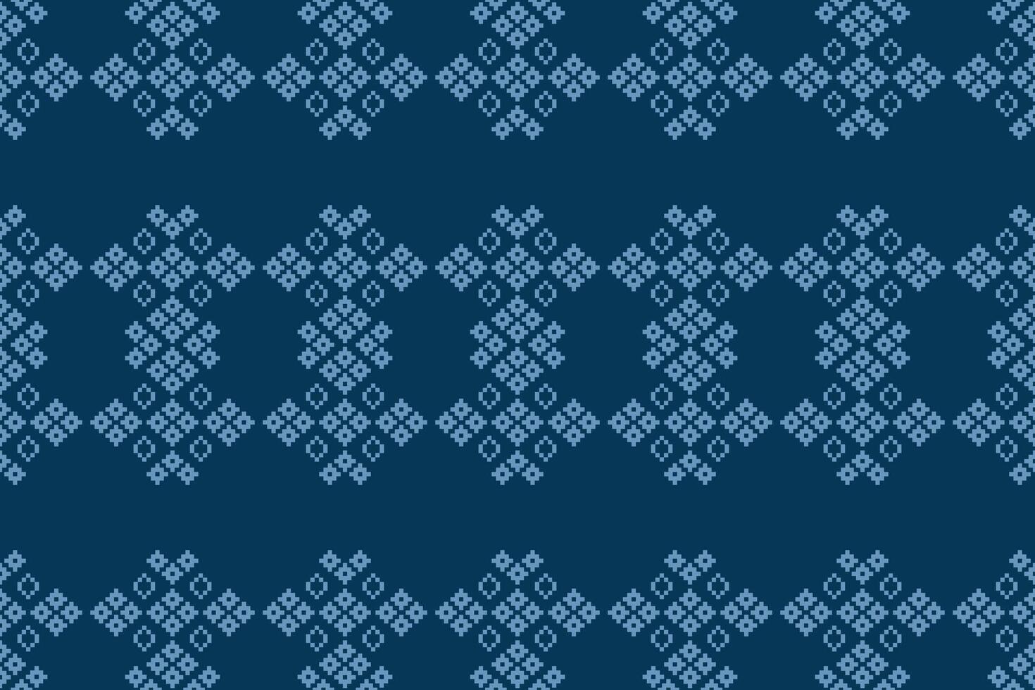 Decor cross stitch with blue color background with ethnic pattern motif pixel art. vector
