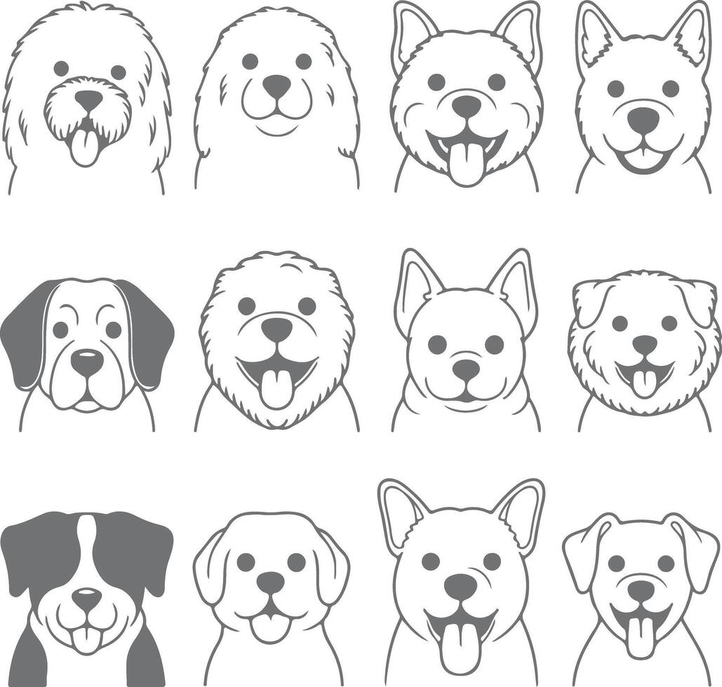 Twelve Gray Silhouette Dog Breed Headshots Happy Expressions White Backgrounds Cute Canine Portraits Pet Icons vector