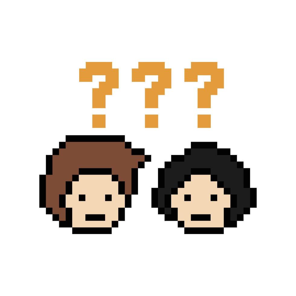Pixel art of man male boy face with question mark quiz confuse 8 bit. vector