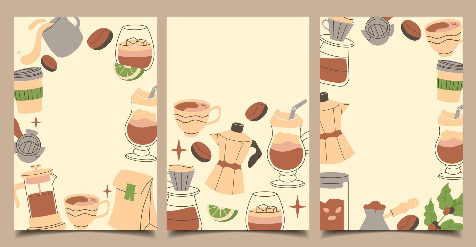 set of vertical coffee templates in a flat style. Design for postcards, banners, menus, covers vector