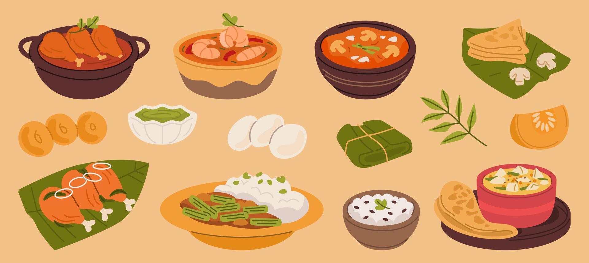 South Indian Cuisine Set with Curries, Fry, and Kootu vector