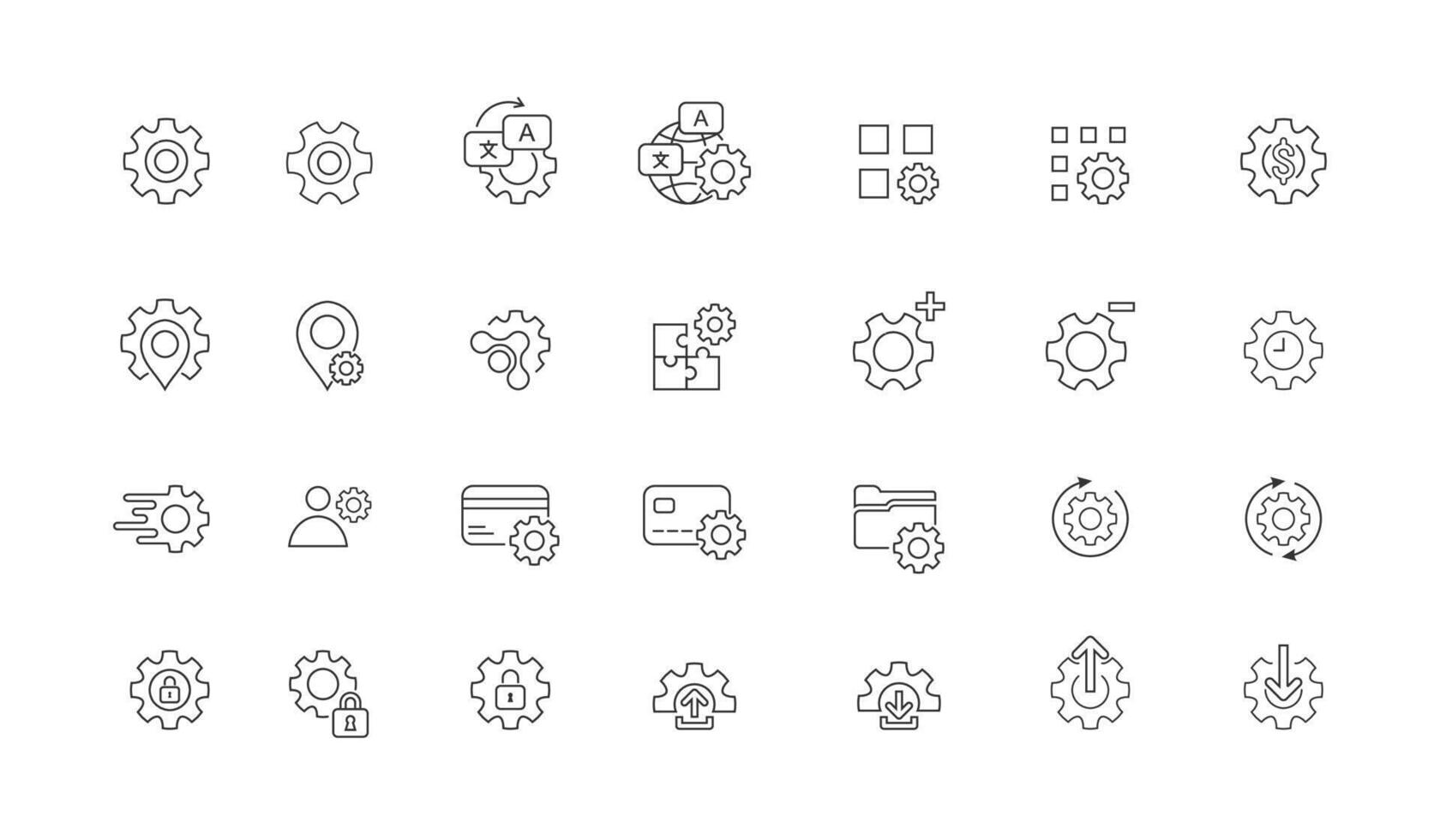 Modern Gear and Settings Icon Collection with Outline Style for UI UX, Web Interface, App Development, Security, Global Language, Folder, Credit Card, Upload and Download Configuration vector