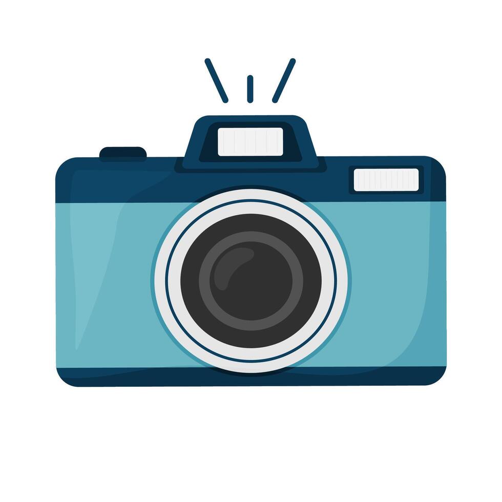 Retro blue camera with flash icon on white background in flat style. vector