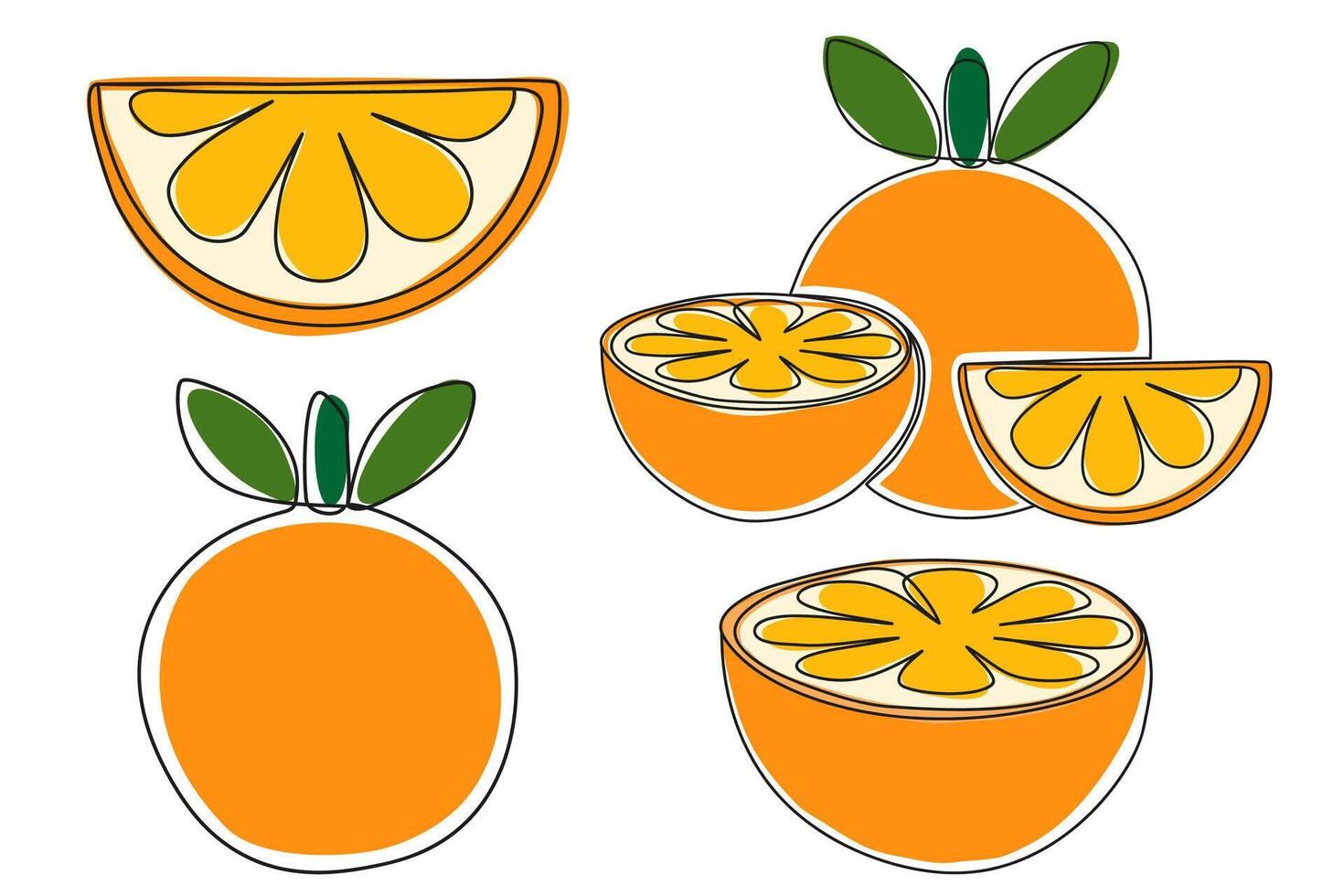 Set of hand drawn oranges, slices, and halves in flat cartoon style. Fresh citrus fruits collection for summer, juice, healthy food, packaging, or textile design. vector