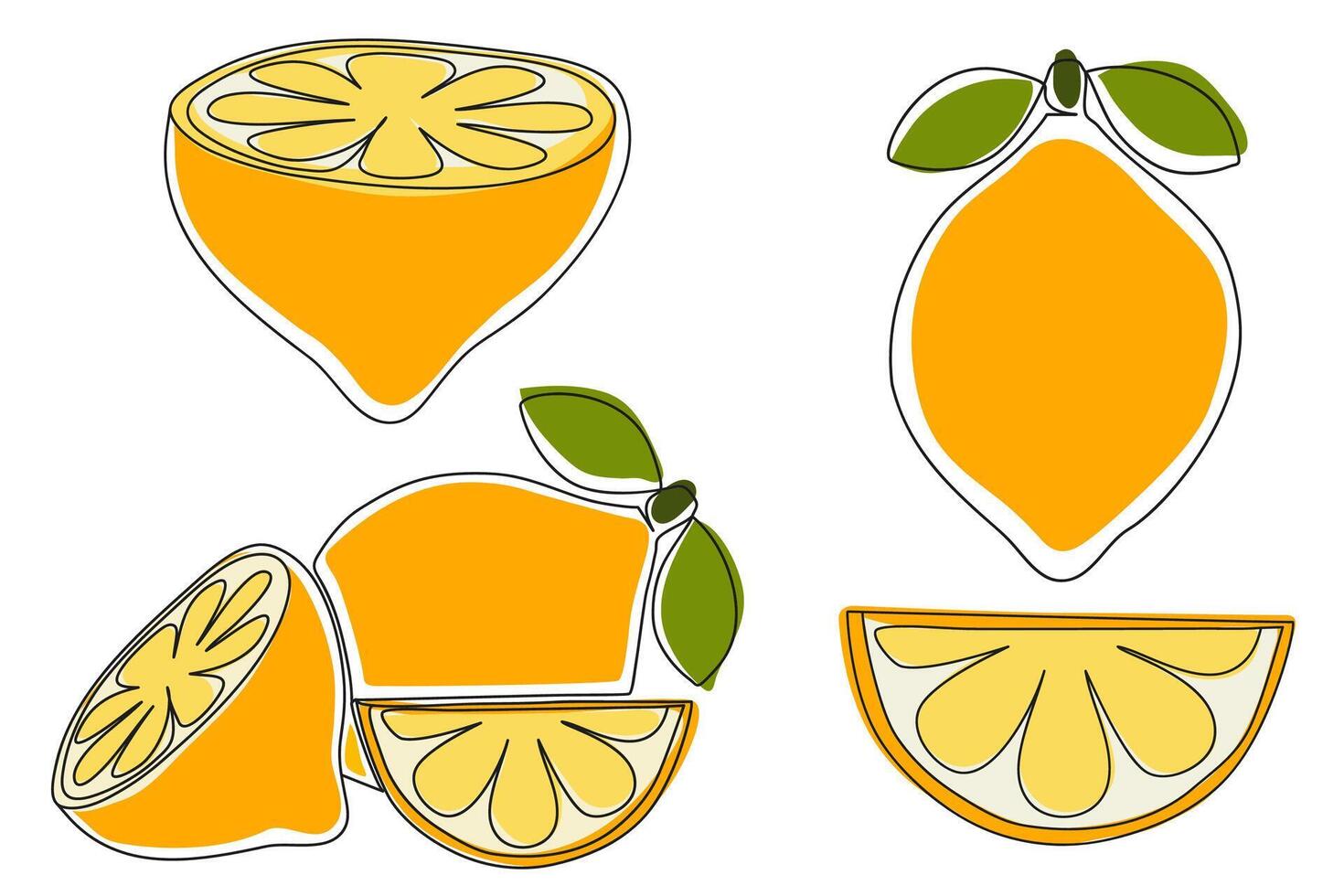 Set of hand drawn lemon, slices, and halves in flat cartoon style. Fresh citrus fruits collection for summer, juice, healthy food, packaging, or textile design. vector