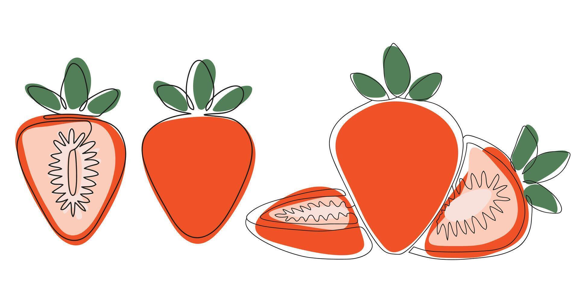 Collection of hand drawn strawberries and slices. Fresh red fruit in cartoon minimalist style. Ideal for food design, packaging, textiles, healthy eating, and summer themed projects. vector