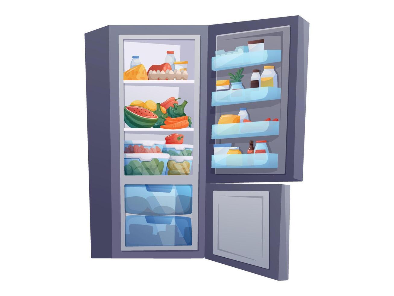 Fridge with food and beverages inside vector
